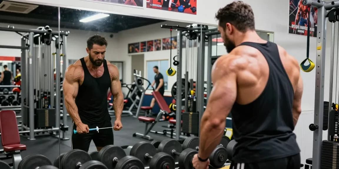 Anabolika Shop: Bodybuilder spritzt Anabolika im Fitnessstudio, umgeben von Fitnessgeräten.