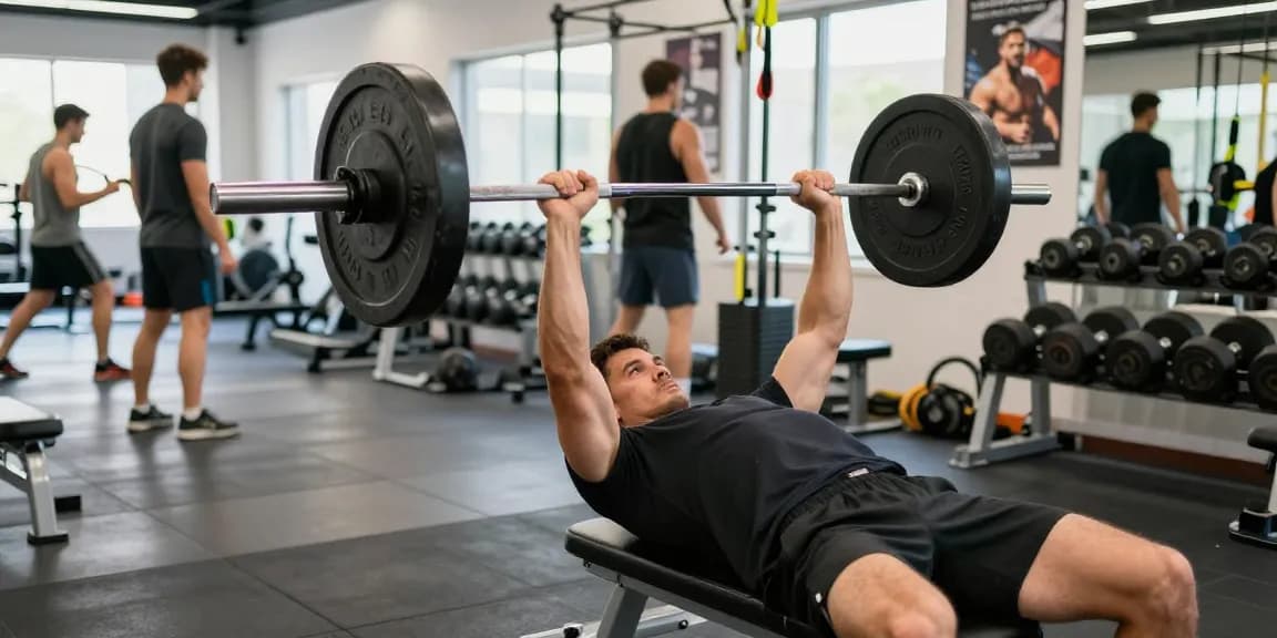 Utionon Steroide in Aktion: Fitnessbegeisterter beim Bankdrücken im modernen Fitnessstudio.
