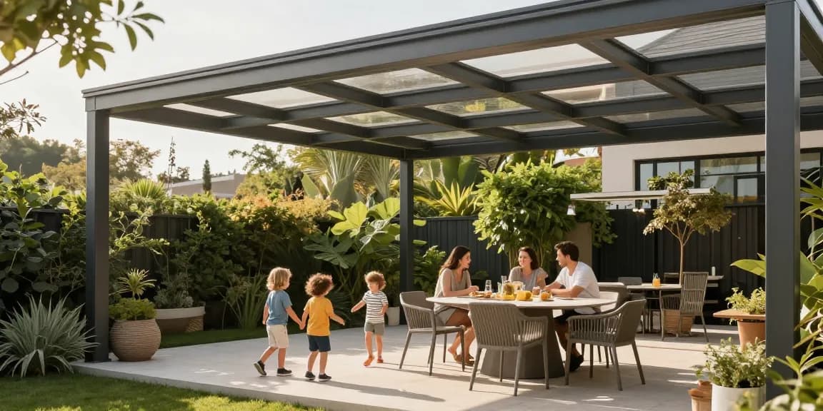 Familie genießt ihren Garten unter einer Terrassenüberdachung, mit stilvollen Möbeln und sonnigem Ambiente.