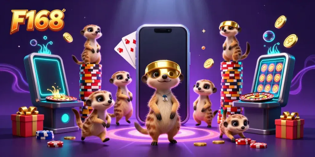 Engage in thrilling gaming at F168 with meerkats running a vibrant casino and showcasing a smartphone slot game.