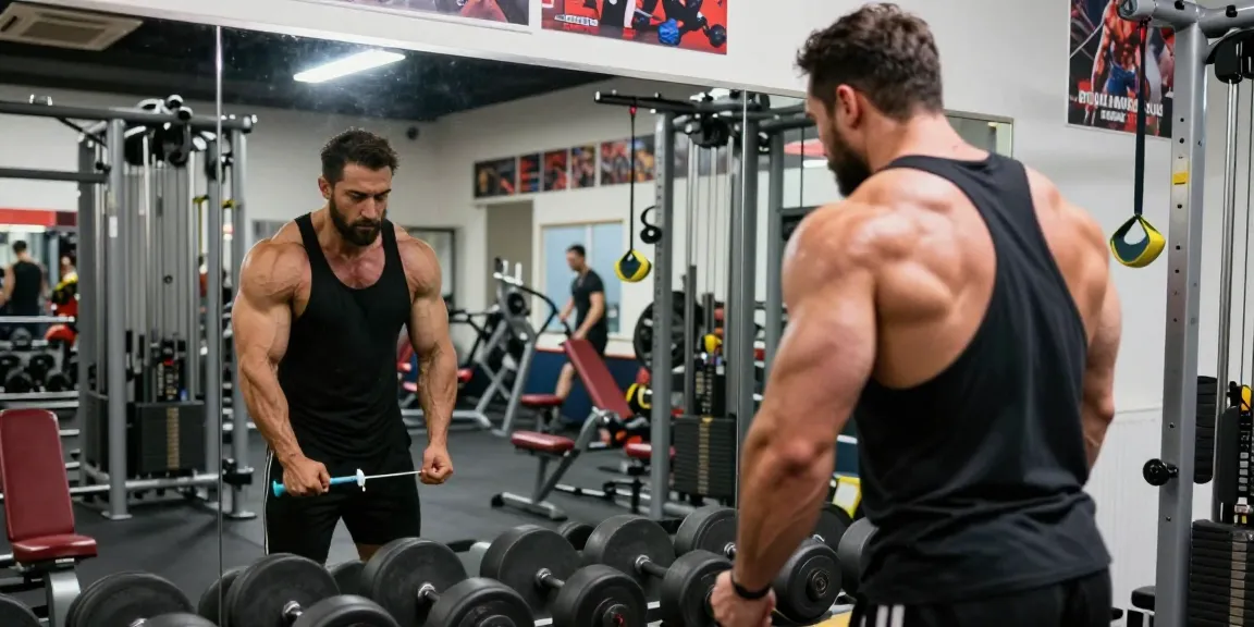 Anabolika Shop: Bodybuilder spritzt Anabolika im Fitnessstudio, umgeben von Fitnessgeräten.