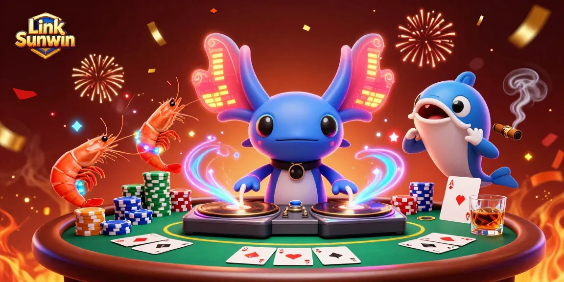 Experience the excitement of Link Sunwin with vibrant characters and poker elements in a dynamic 3D scene.