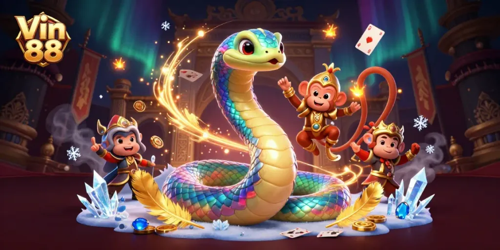 Win big at Vin 88 with the vibrant casino scene featuring playful characters and dazzling rewards.