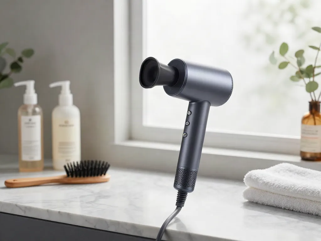 Föhn mit Diffusor und Haarpflegeprodukten in modernem Badezimmer.