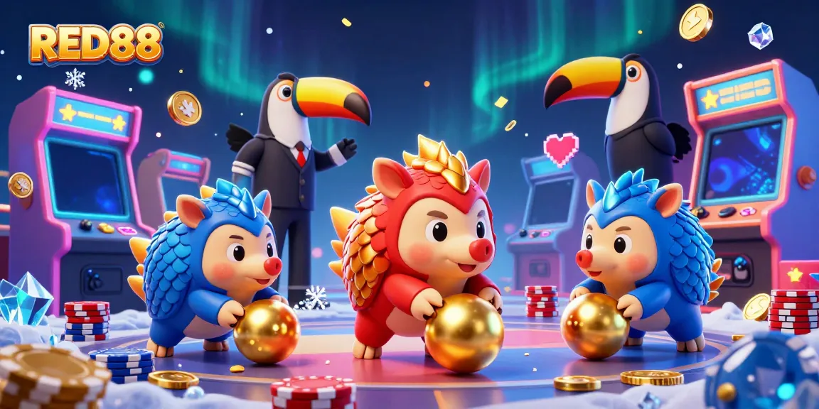 Engaging scene of rival pangolins playing at RED 88 casino, with vibrant gaming elements.