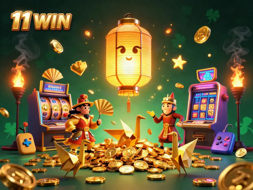 Engage with 11 WIN in an exciting 3D casino illustration featuring golden symbols and vibrant gaming elements.