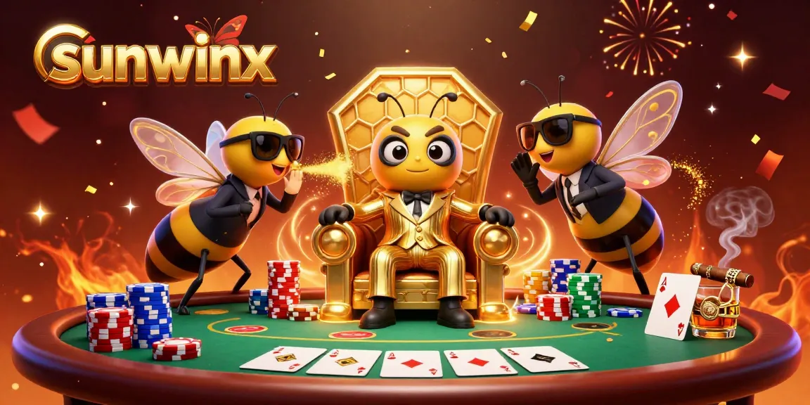 Engage in strategic poker at sunwinx with bold characters in a vibrant casino atmosphere.