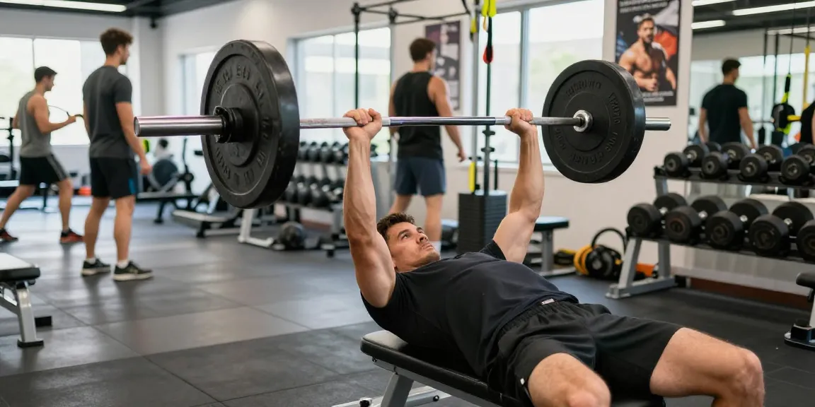 Utionon Steroide in Aktion: Fitnessbegeisterter beim Bankdrücken im modernen Fitnessstudio.