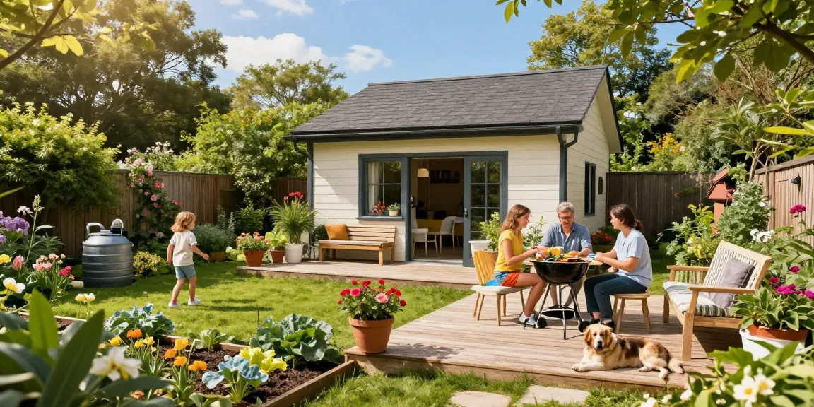 Das Garten Haus in einem idyllischen Garten mit Familie und Spielzeug bei sonnigem Wetter.