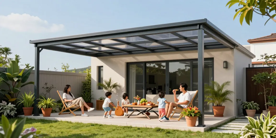 Familie genießt den Garten unter einer modernen freistehenden Terrassenüberdachung freistehend.