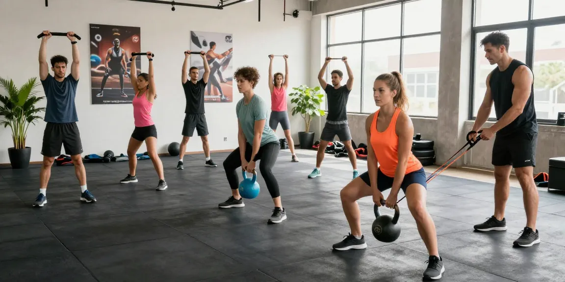 Aktive Gruppe im Unique Pharma Shop Fitnessstudio, die Krafttraining mit Kettlebells und Widerstandsbändern macht.