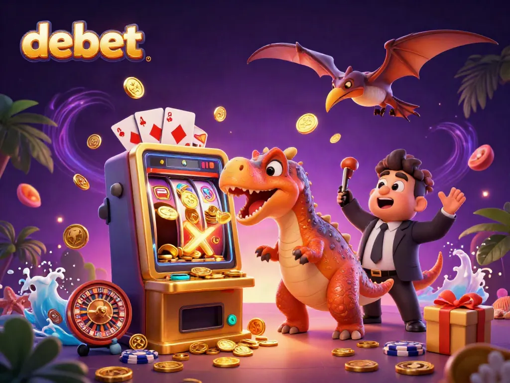 Experience debet's thrilling slots as a dinosaur wins jackpots in a lively casino scene.