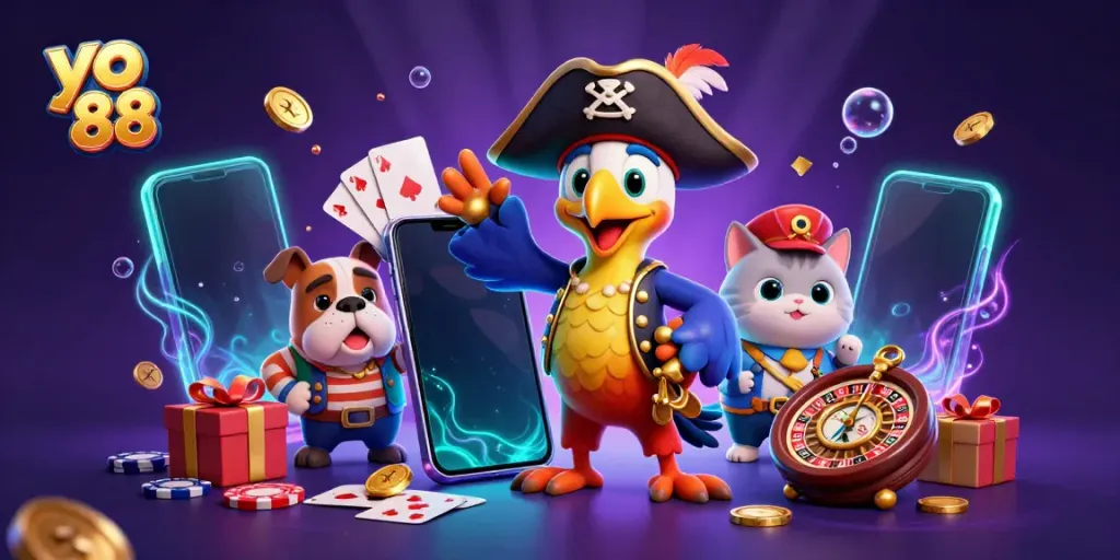 Experience the excitement of gaming with the dynamic scene featuring yo 88 amid vibrant casino elements.