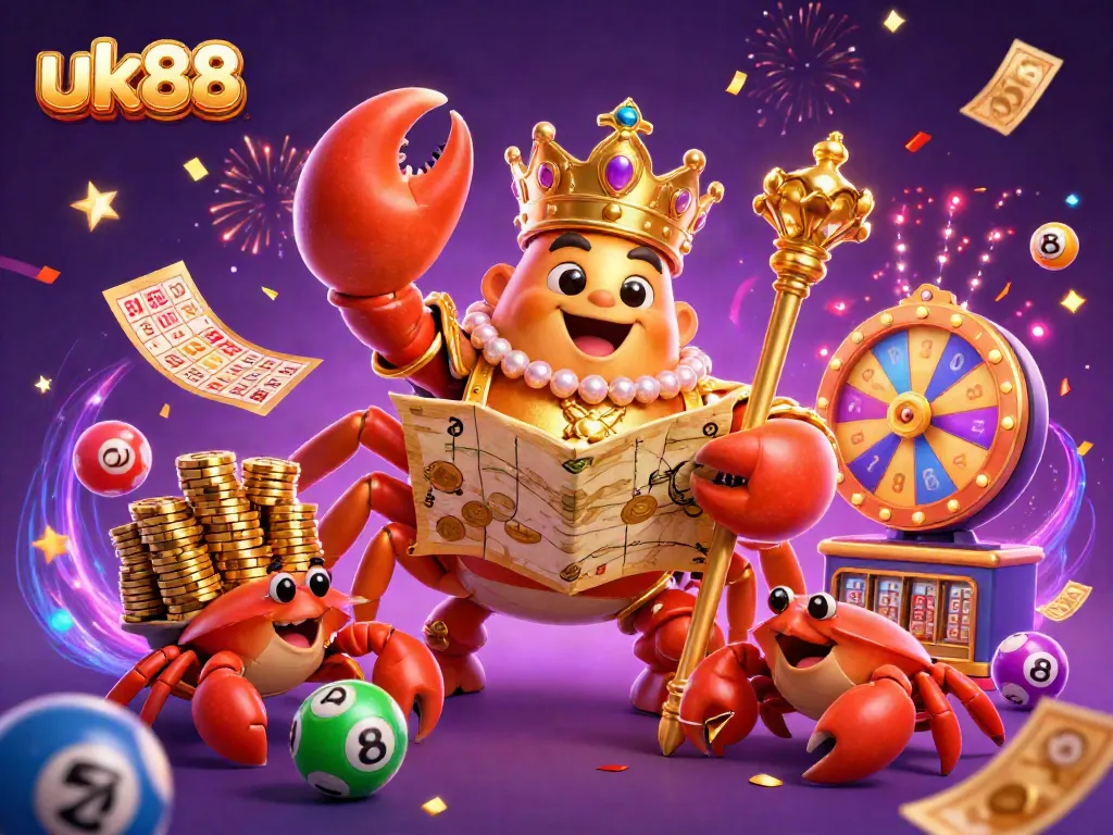 Experience the vibrant world of uk88 with a golden crab emperor, treasure maps, and dynamic lottery elements.