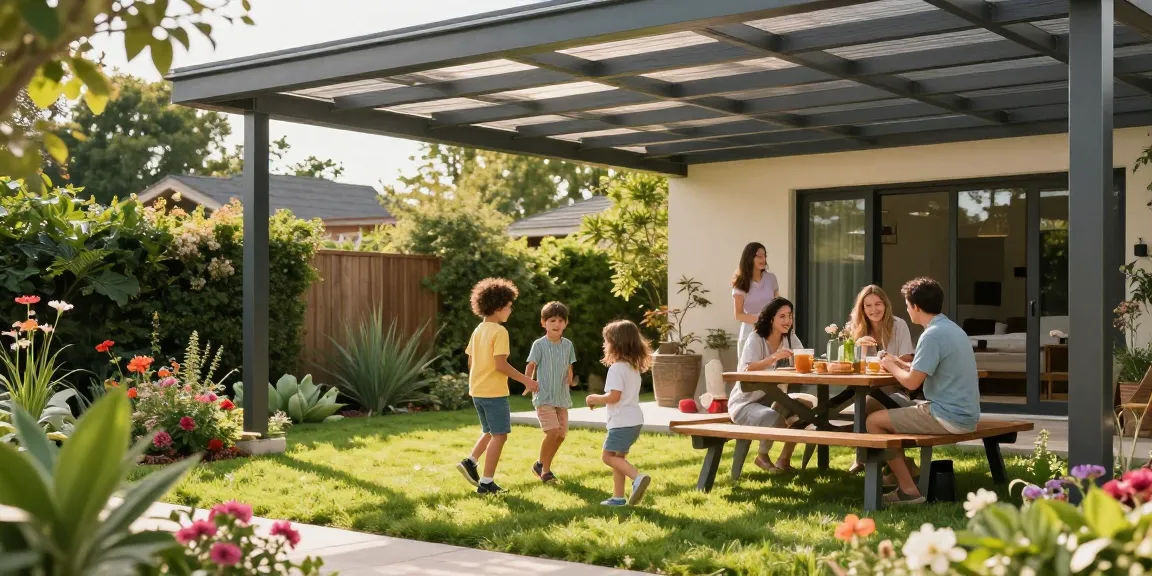 Familie unter einer modernen Terrassenüberdachung mit glücklichen Kindern im Garten.