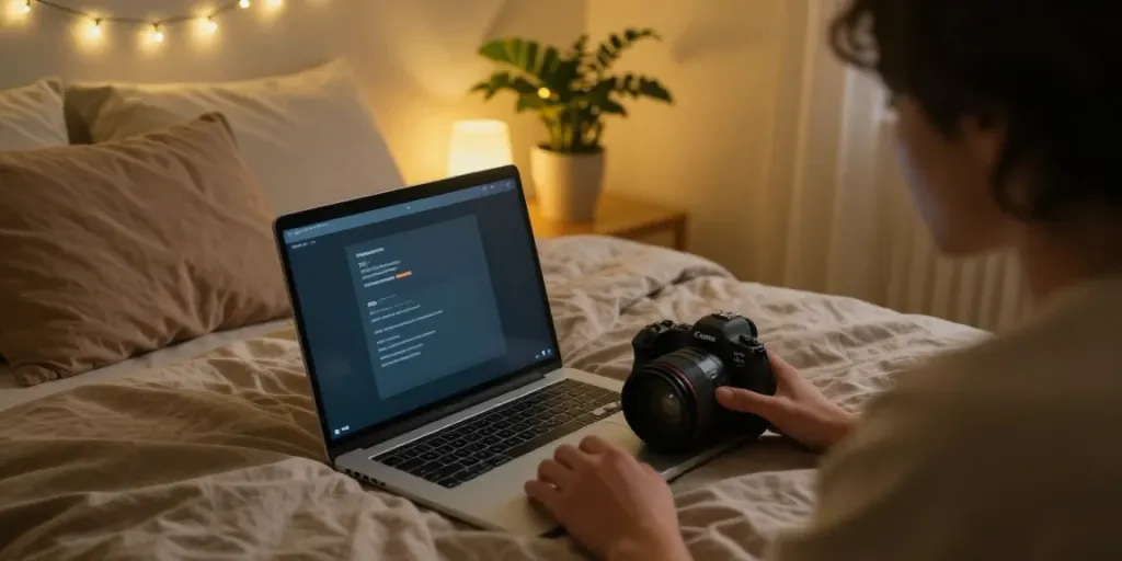 Engaging in a porn chat session in a cozy bedroom setting with warm lighting.