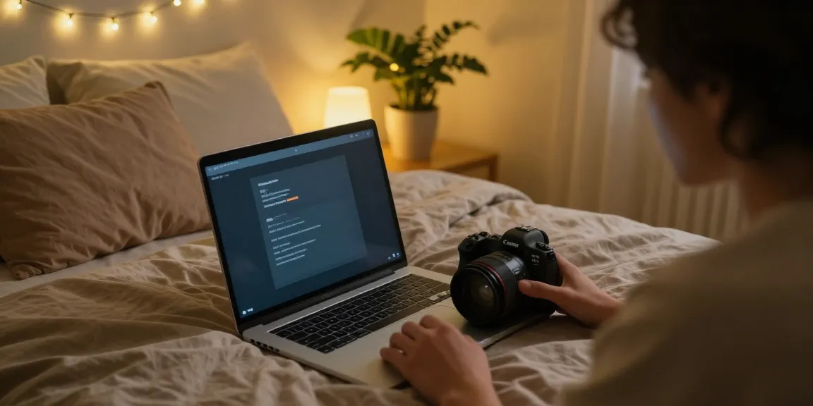 Engaging in a porn chat session in a cozy bedroom setting with warm lighting.