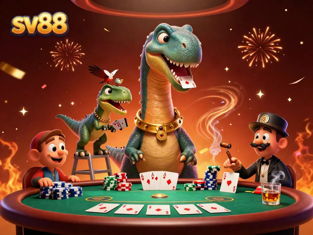 Experience thrilling gambling with sv88 in a vibrant 3D casino scene featuring a dinosaur dealer.