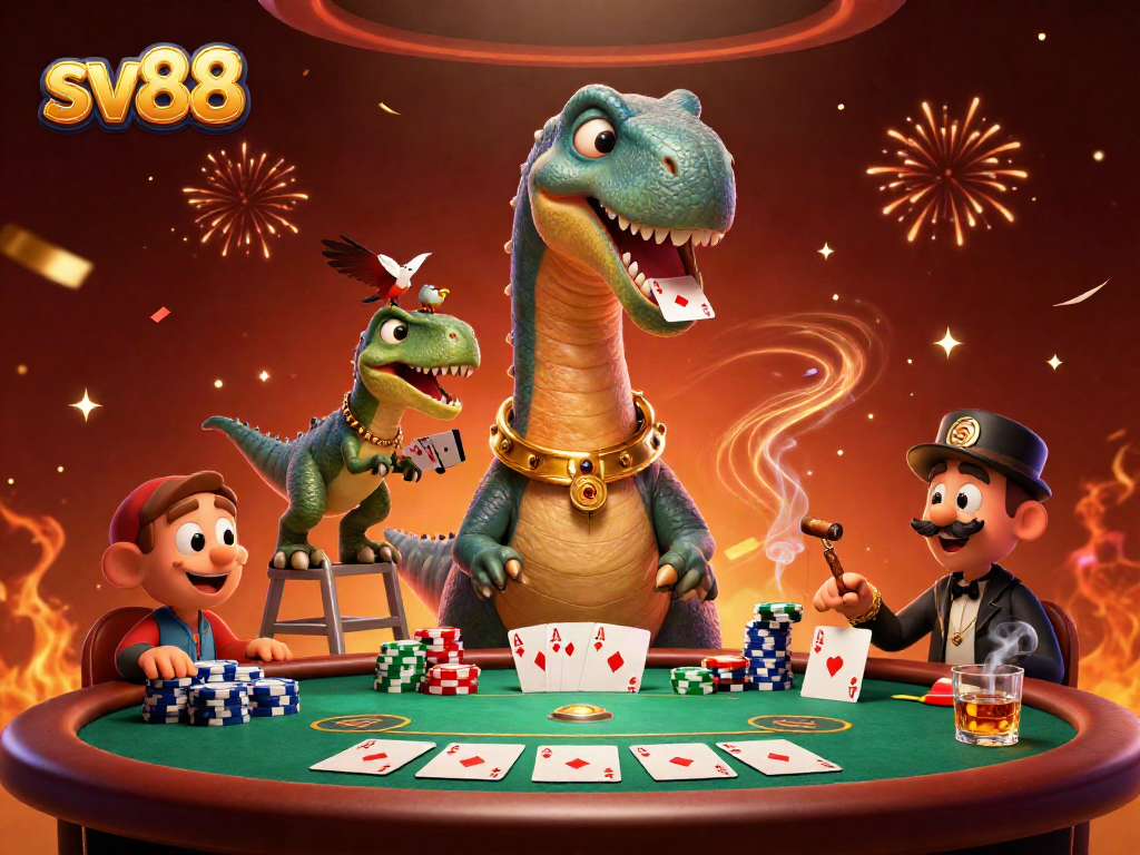 Experience thrilling gambling with sv88 in a vibrant 3D casino scene featuring a dinosaur dealer.