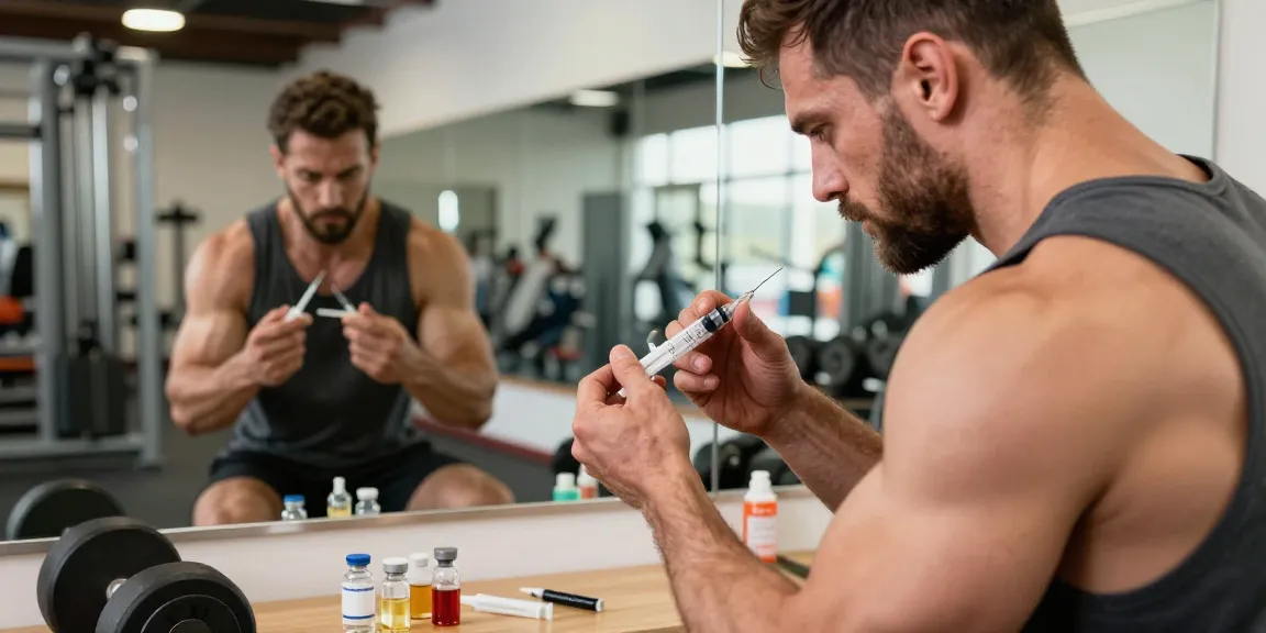 Bodybuilder im Anabolika Shop spritzt Steroide mit Spritzen und Vials in der Fitnessstudio-Umgebung