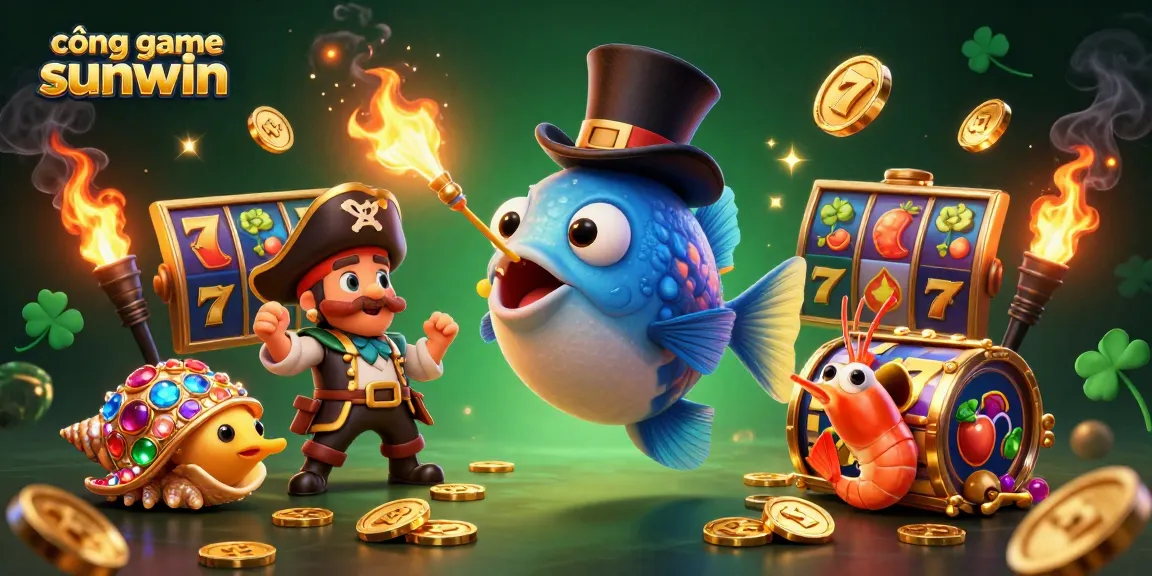 Engage with exciting gaming on cổng game sunwin featuring a dazzling 3D anglerfish, treasures, and vibrant slot elements.