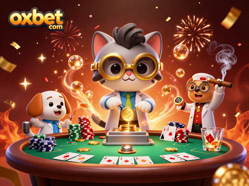 Bet big at oxbet com with a lively scene of a mad scientist cat and assistant at a poker table.