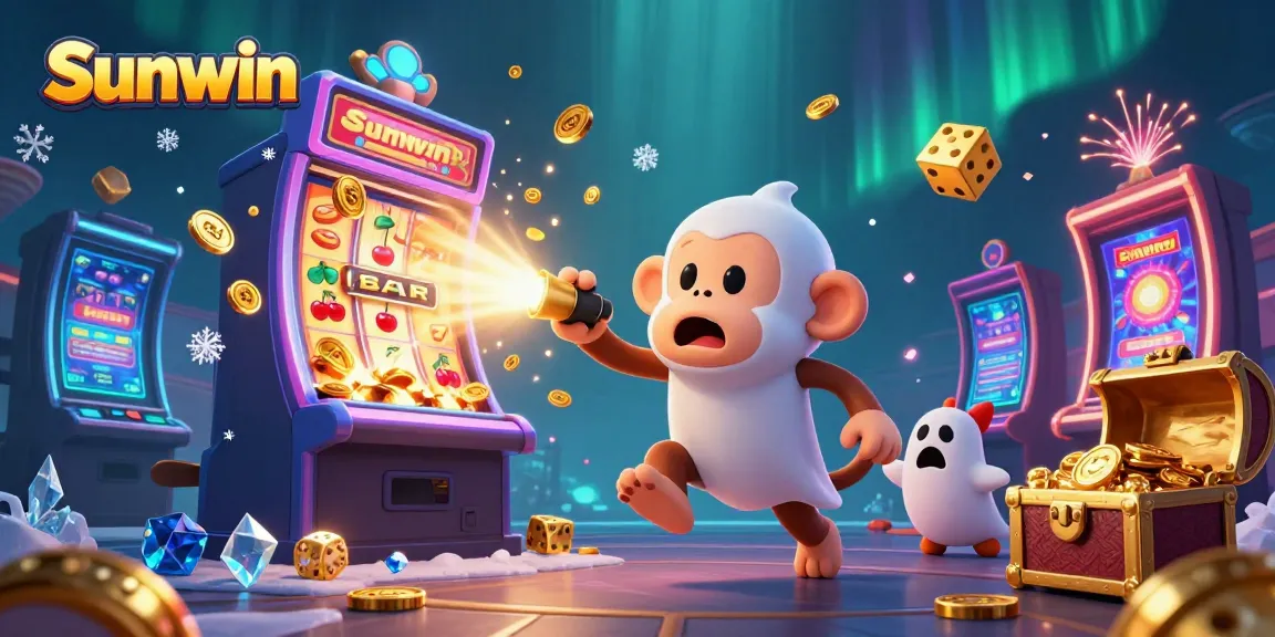 Experience thrilling gameplay at Sunwin with a festive casino scene featuring vibrant slot machines and playful characters.
