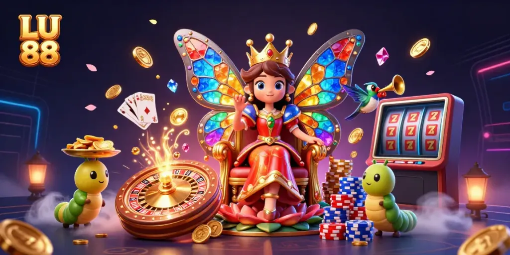 Experience LU 88’s vibrant world with butterfly queen and scattered casino elements.