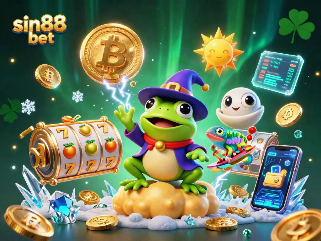 Win big with sin88 bet while enjoying an exciting 3D cartoon scene of wizard frog and chameleon.
