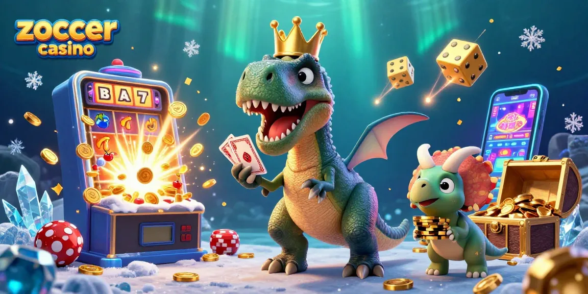 Zoccer Casino unleashes excitement with cartoon characters, a jackpot burst, and vibrant game elements.
